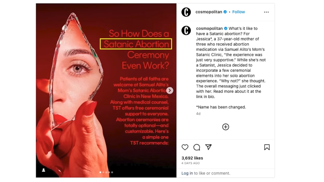 Cosmopolitan défend l'avortement comme un « rituel religieux » satanique et qualifie le satanisme de « foi non théiste »