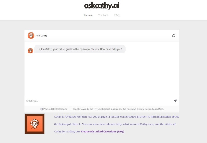 La page d'accueil du site Web de chatbot de l'Église épiscopale, connu sous le nom d'AskCathy.ai, consultée le 12 août 2024. 