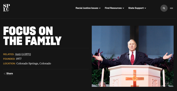 Une capture d'écran du site Web SPLC décrivant le groupe conservateur chrétien se concentre sur la famille en tant que groupe de haine.