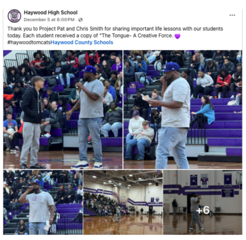 Une publication Facebook du 5 décembre 2025, désormais supprimée, remerciant Project Pat d'avoir pris la parole lors d'une assemblée d'étudiants de Haywood High School.
